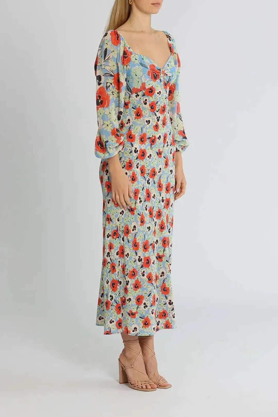Rixo London Gio Neckline Midi Dress Blue Multi Print Size 14 for rent on The Volte - main image
