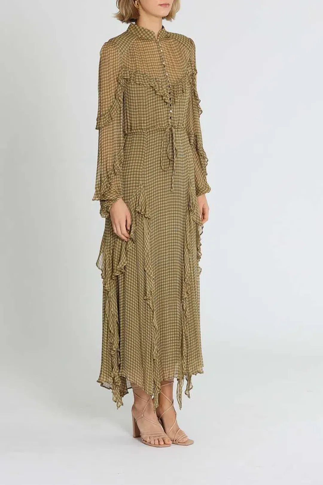 Shona Joy Eleonora Drawstring Frill Midi Dress Olive Khaki Print Size 14 for rent on The Volte - main image