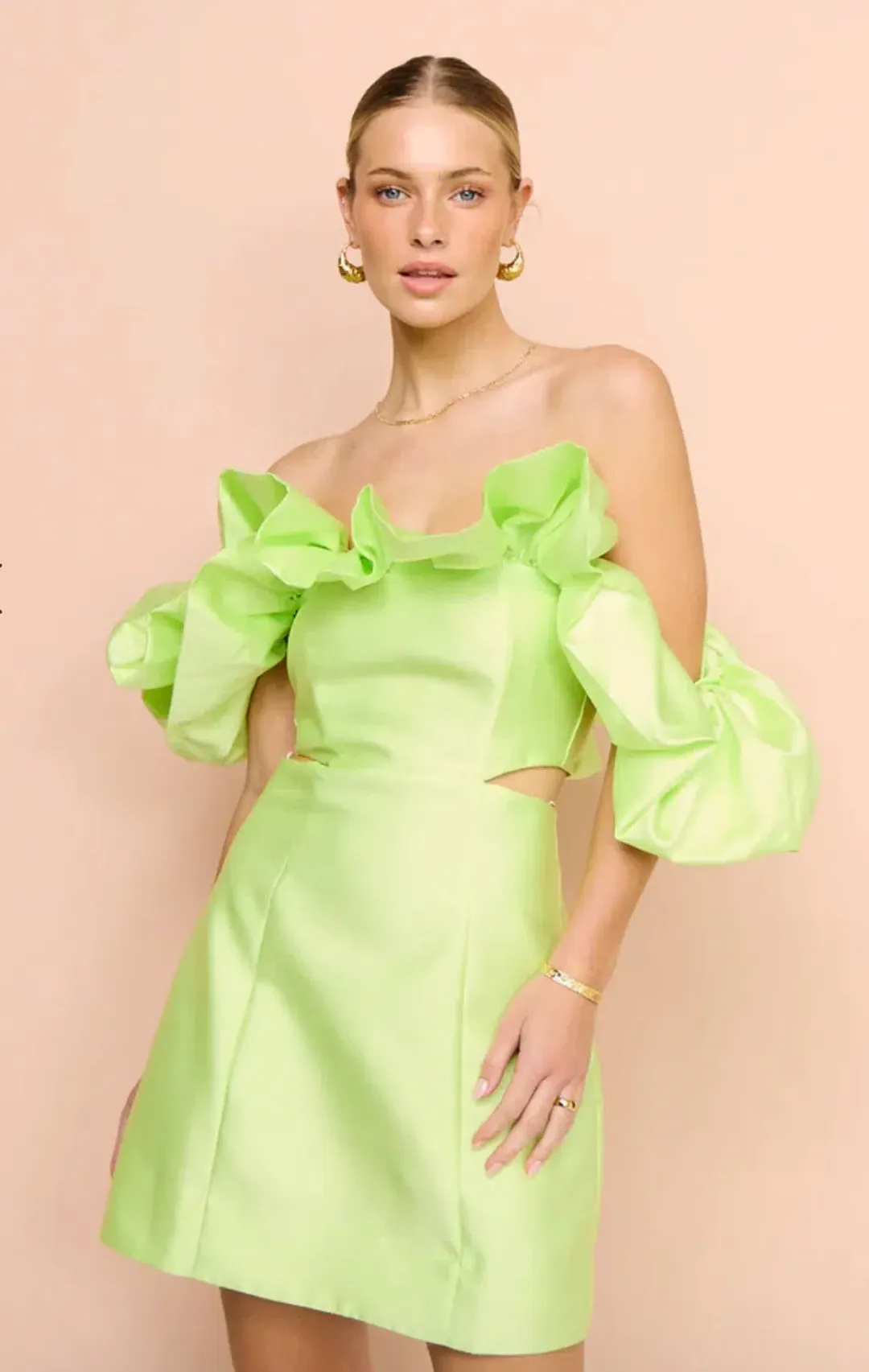 Alemais Suzi Off Shoulder Mini Dress Chartreuse Size 8 for rent on The Volte - main image