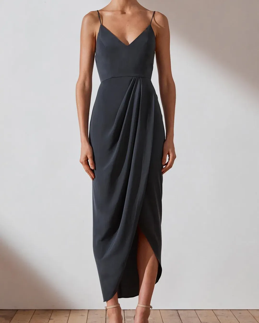 Shona Joy Core Cocktail Draped Maxi Dress Charcoal Grey Size 14 for rent on The Volte - main image