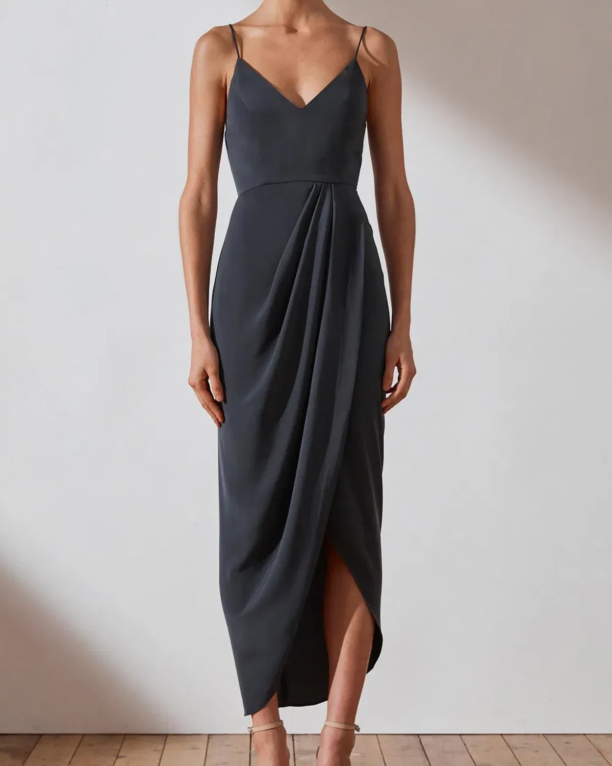 Shona Joy Core Cocktail Draped Maxi Dress Charcoal Grey Size 14 - Image 1