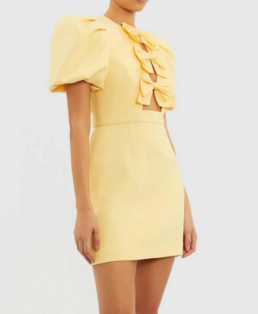 Rebecca Vallance Chloe Bow Mini Dress Lemon Yellow Size 8 for rent on The Volte - main image