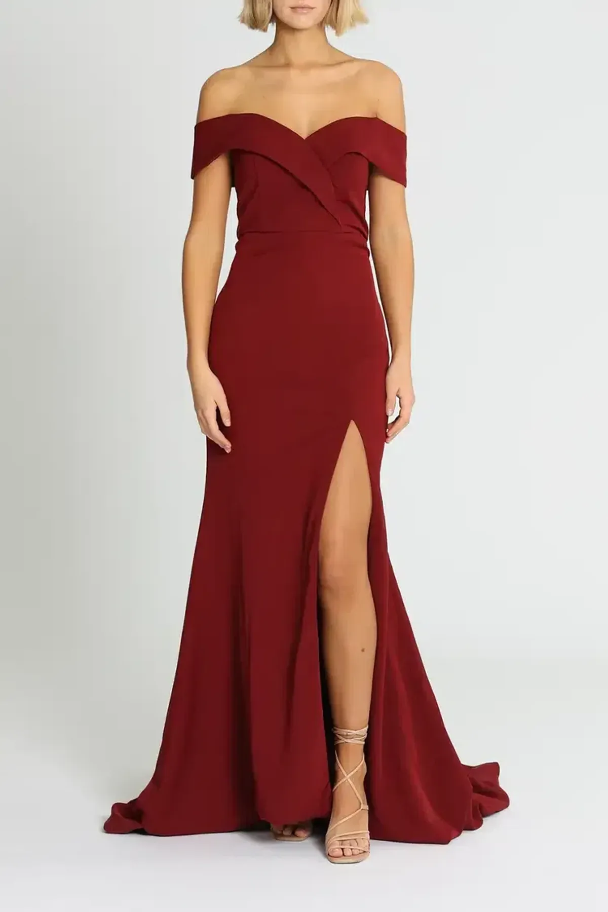 Samantha Rose Gia Off Shoulder Gown Wine Burgundy Size 14 for rent on The Volte - main image