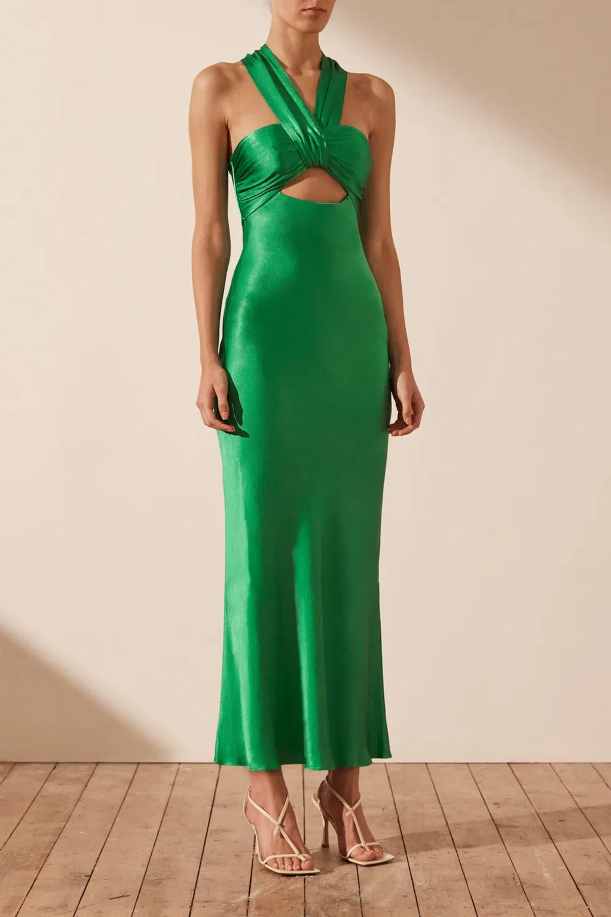 Shona Joy Lana Ruched Halter Midi Dress in Tree Green Size 10 - Image 3