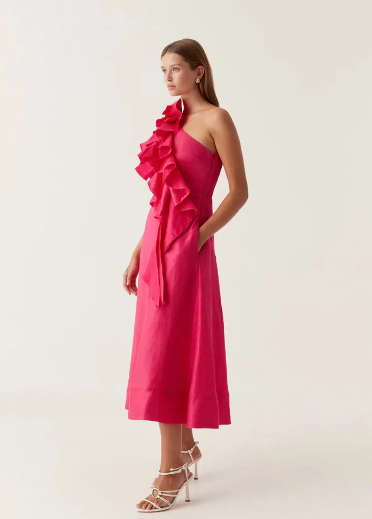 Aje Adelia Ruffle Midi Dress Bougainvillea Red Size 10 - Image 1