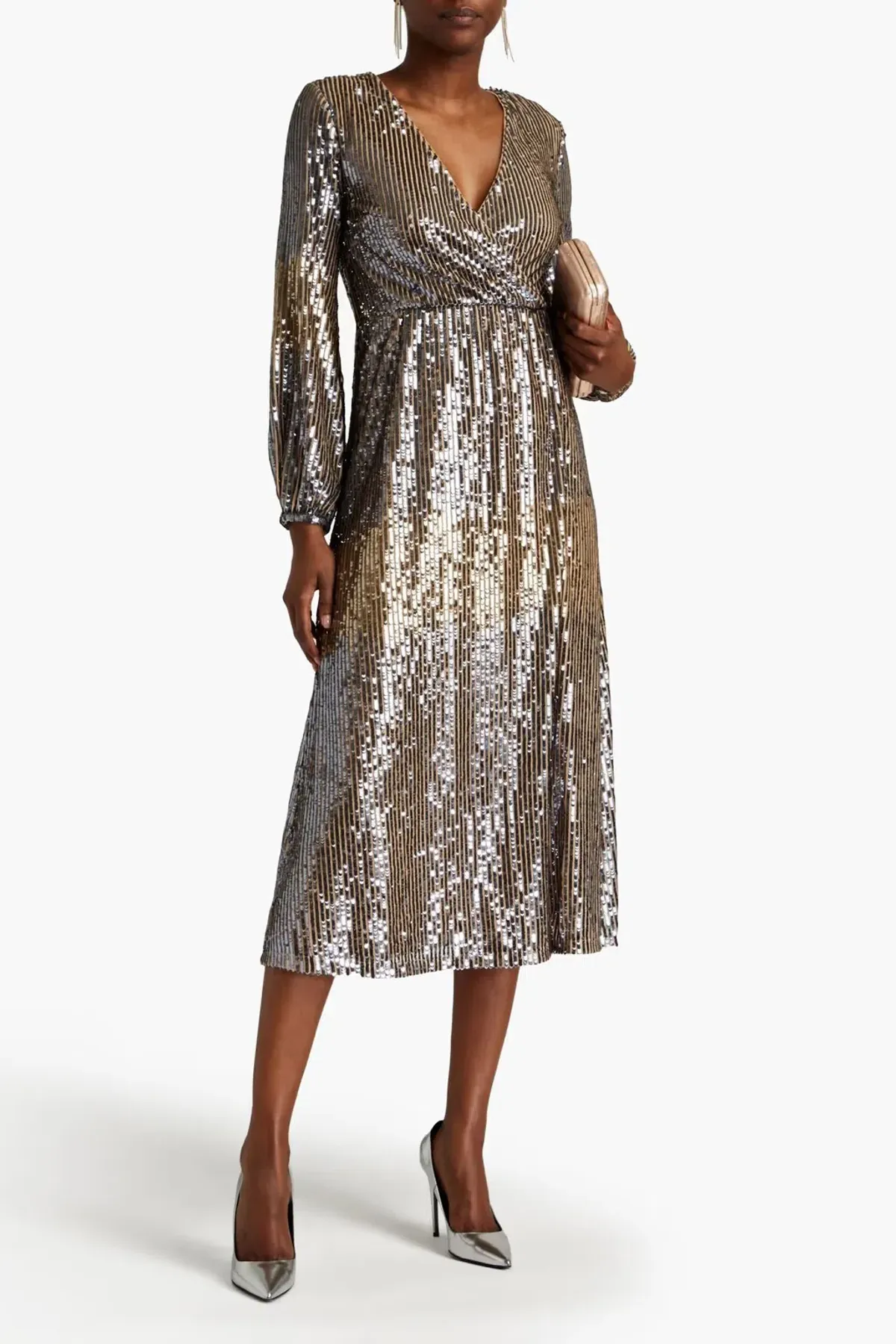 Raishma Wrap-Effect Sequined Tulle Midi Dress Silver Size 14 - Image 1