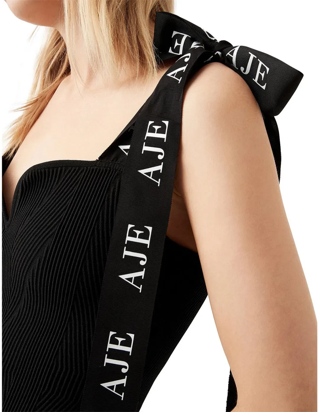 Aje Amber Knit Tie Shoulder Mini Dress Black Size 12 for rent on The Volte - main image