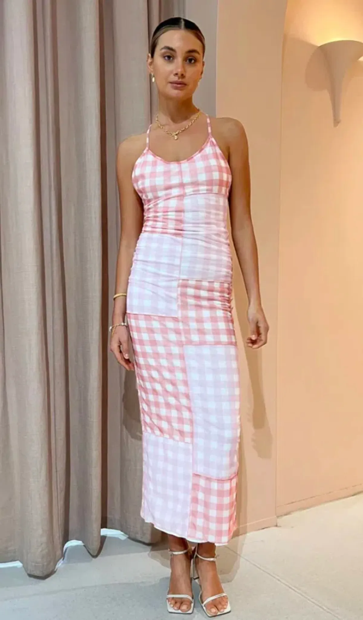 Ambra Maddalena Ella Cross Back Maxi Dress In Checkered Patchwork Size 8 - Image 4