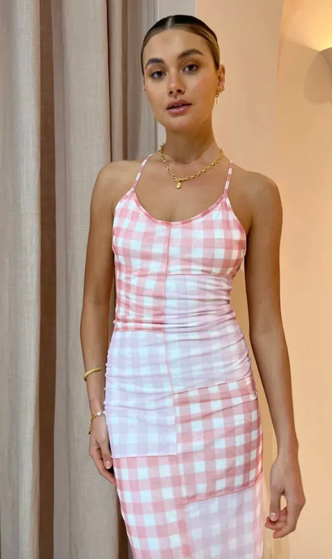 Ambra Maddalena Ella Cross Back Maxi Dress In Checkered Patchwork Size 8 for rent on The Volte - main image