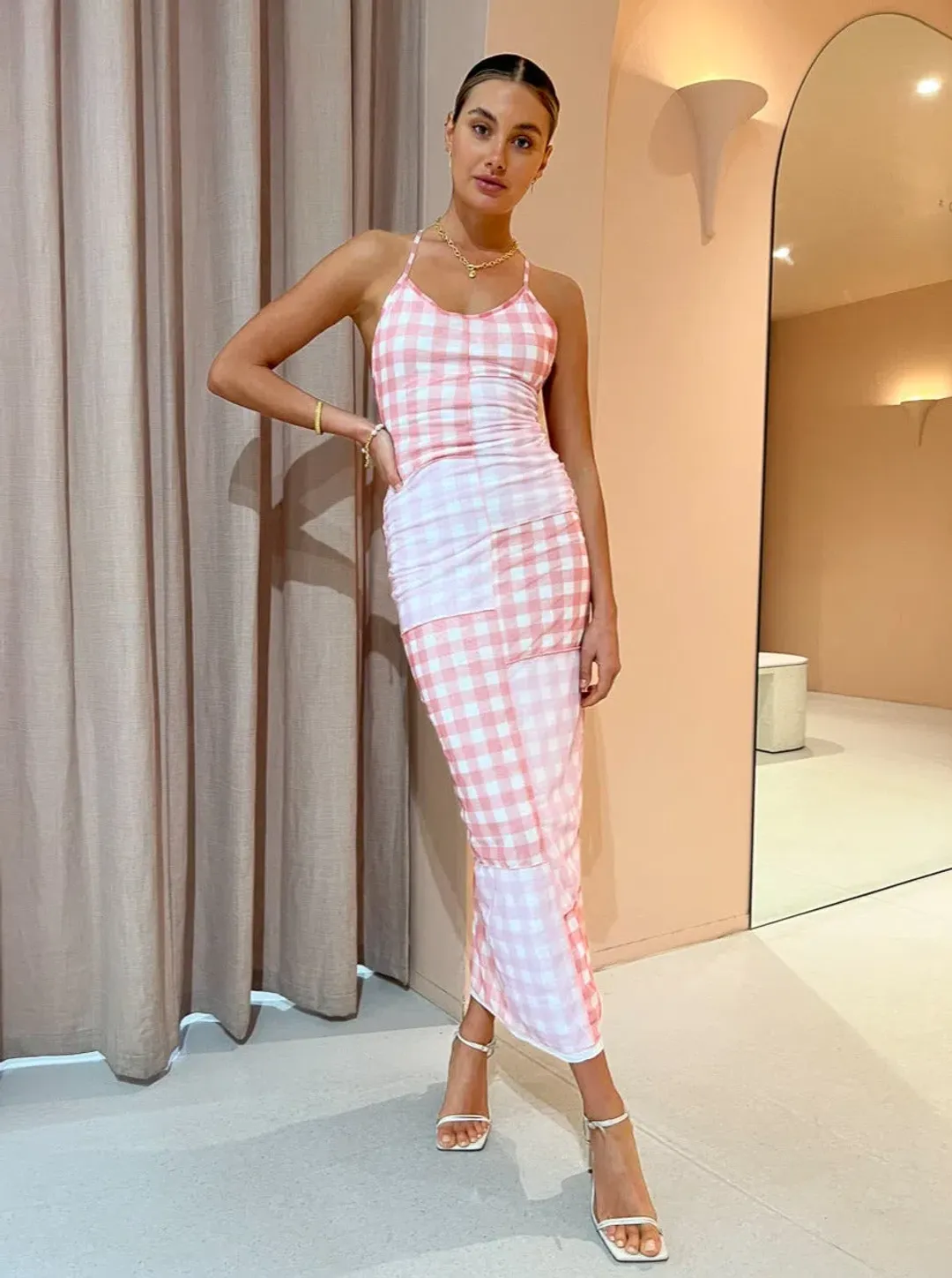 Ambra Maddalena Ella Cross Back Maxi Dress In Checkered Patchwork Size 8 for rent on The Volte - main image