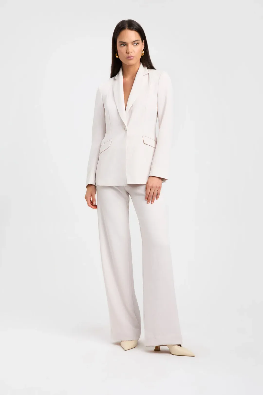 Kookai Ariel Tuxedo Blazer and Low Rise Pant Set White Sand Size 8 for rent on The Volte - main image