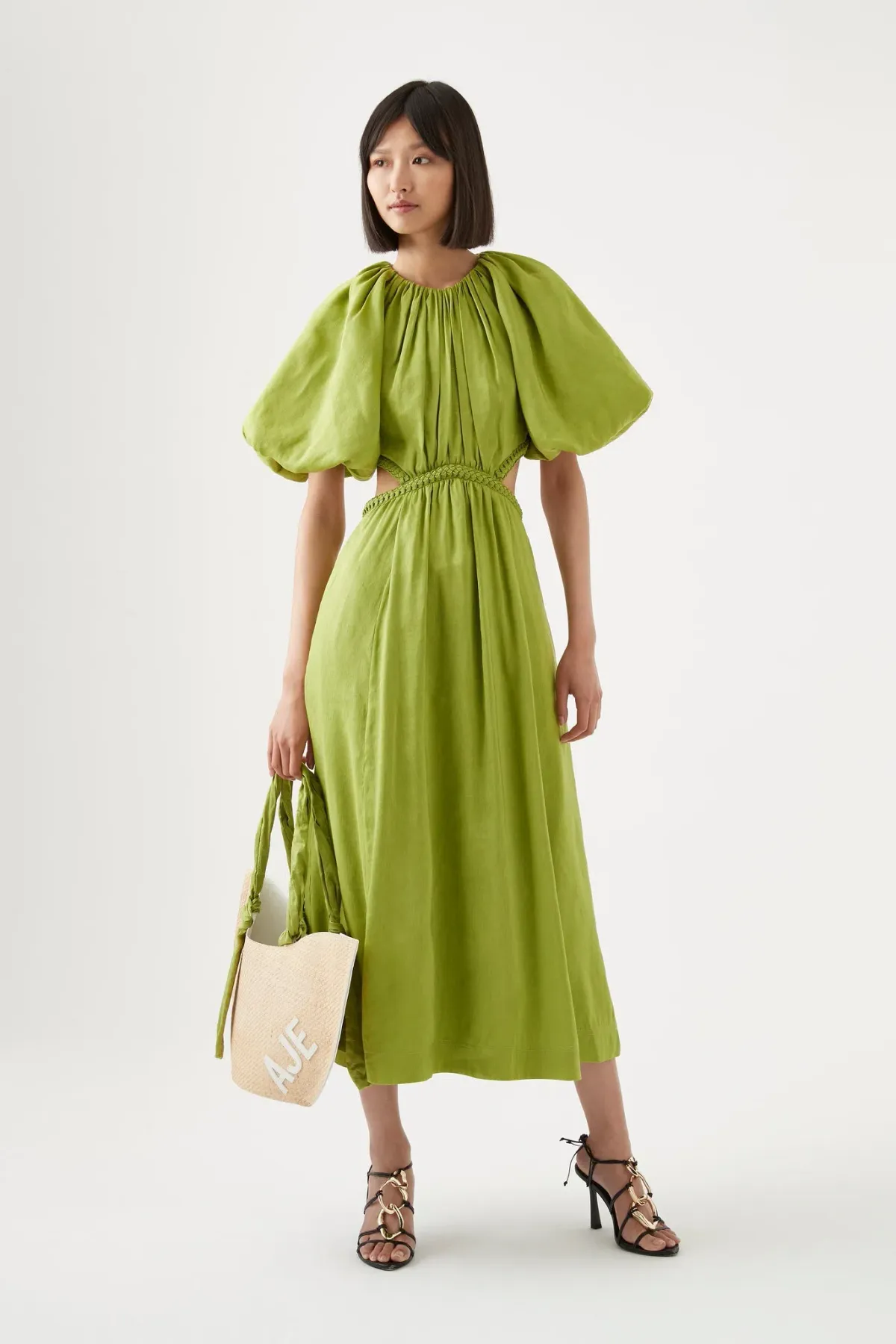 Aje Capucine Puff Sleeve Midi Dress Green Size 8 for rent on The Volte - main image