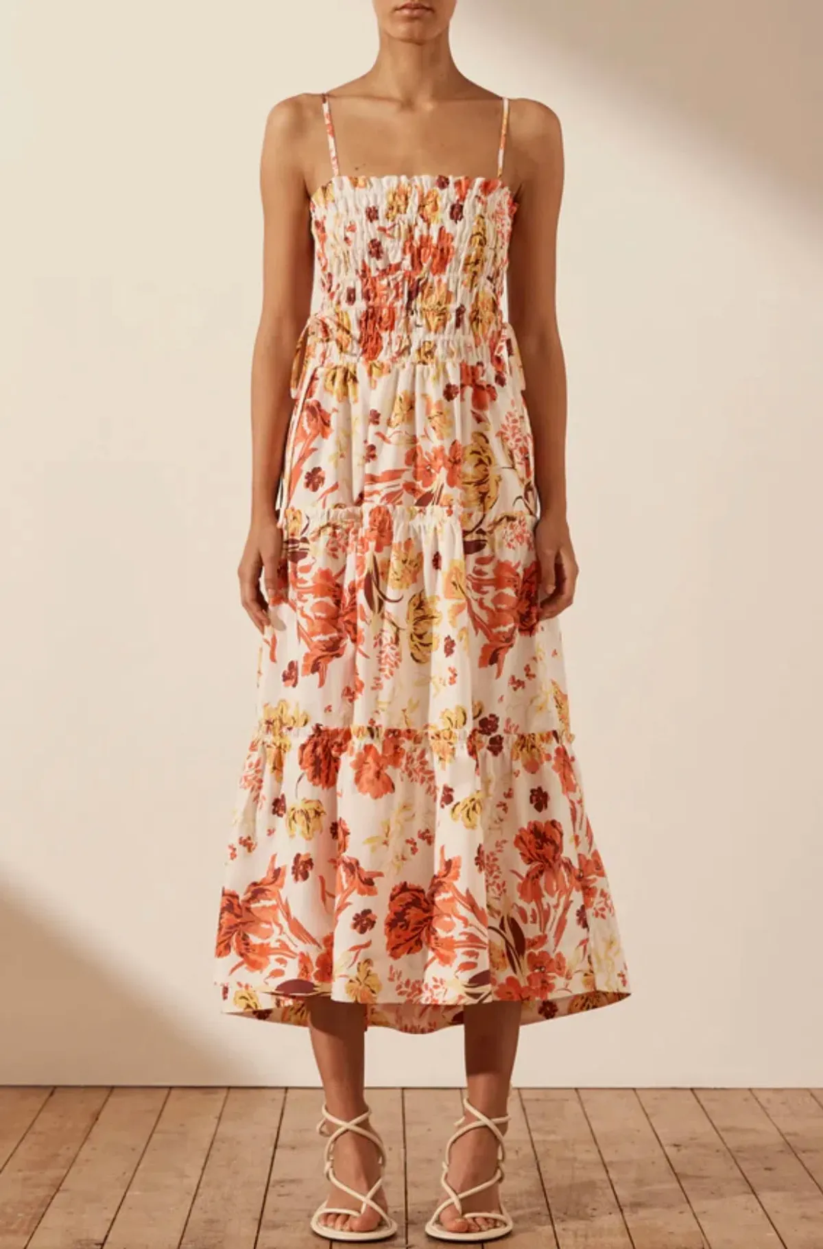 Shona Joy Kalani Shirred Tiered Midi Dress Floral Size 8 - Image 2