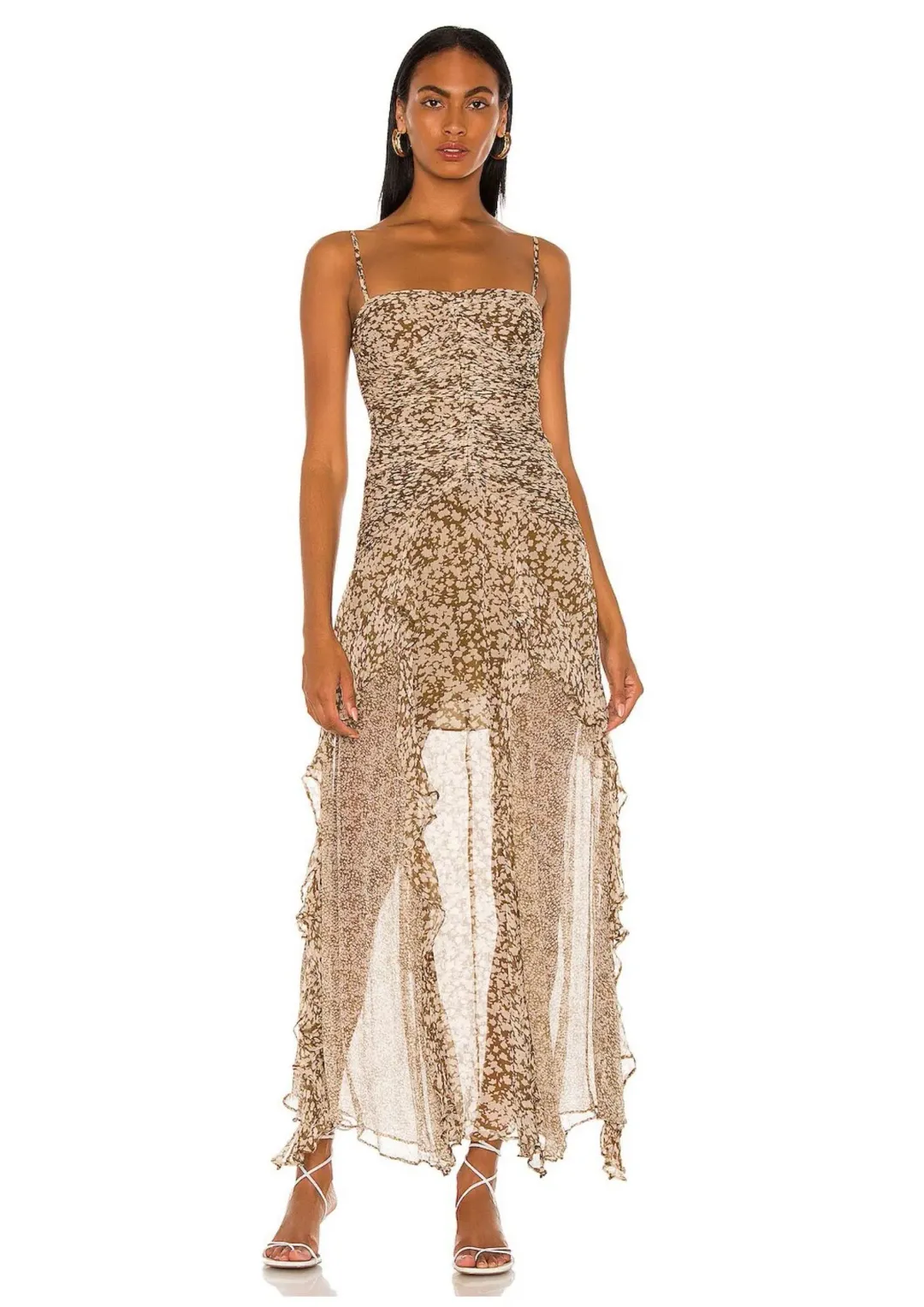 Shona Joy Claudette Ruched Frill Midi Dress Olive/Cream Print Size 8 for rent on The Volte - main image