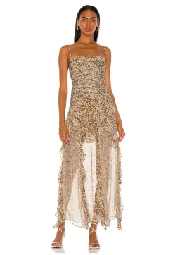 Shona Joy Claudette Ruched Frill Midi Dress Olive/Cream Print Size 8 for rent on The Volte - image 1