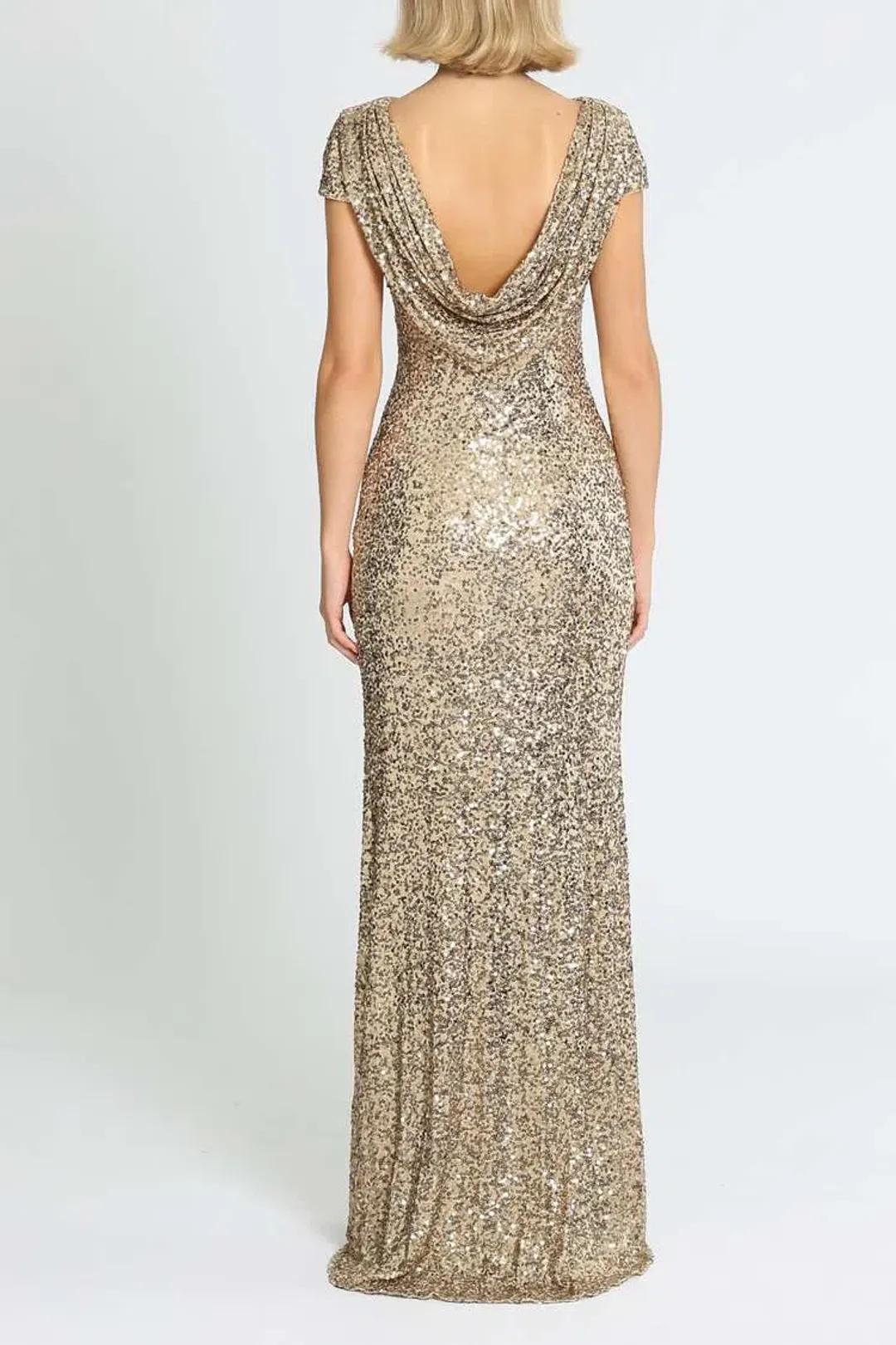 Badgley Mischka Sequin Cowl Back Gown Gold Size 6 for rent on The Volte - main image