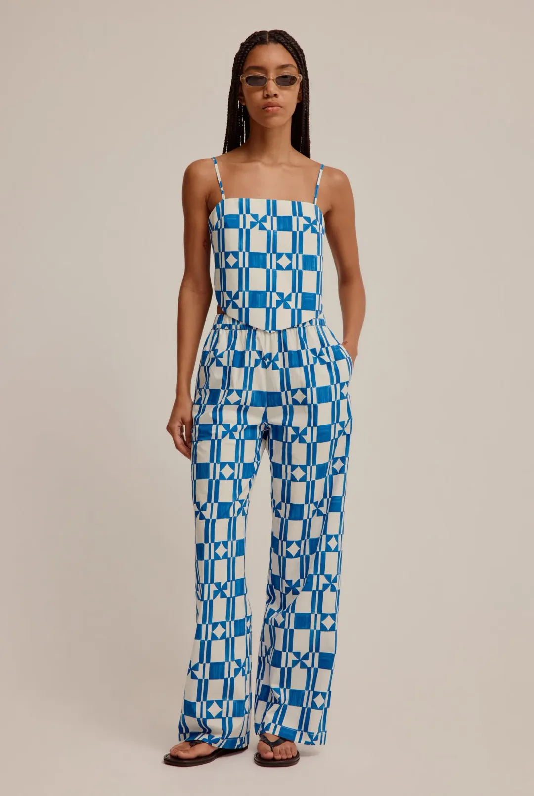 Venroy Printed Poplin Top and Pant Set in Blue/Off White Geometric Size XS/Au 6 for rent on The Volte - main image