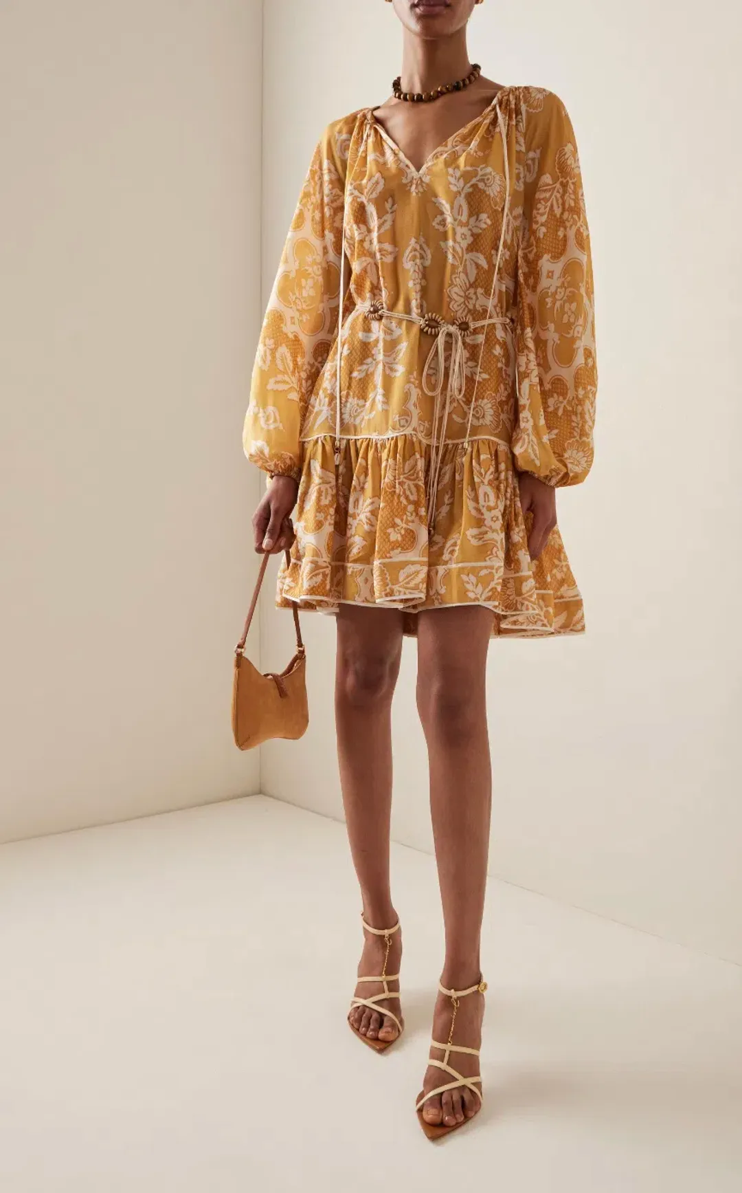 Zimmermann Raie Tiered Billow Mini Dress Gold Damask Size 0/Au 8 for rent on The Volte - main image