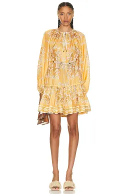 Zimmermann Raie Tiered Billow Mini Dress Gold Damask Size 0/Au 8 for rent on The Volte - image 1