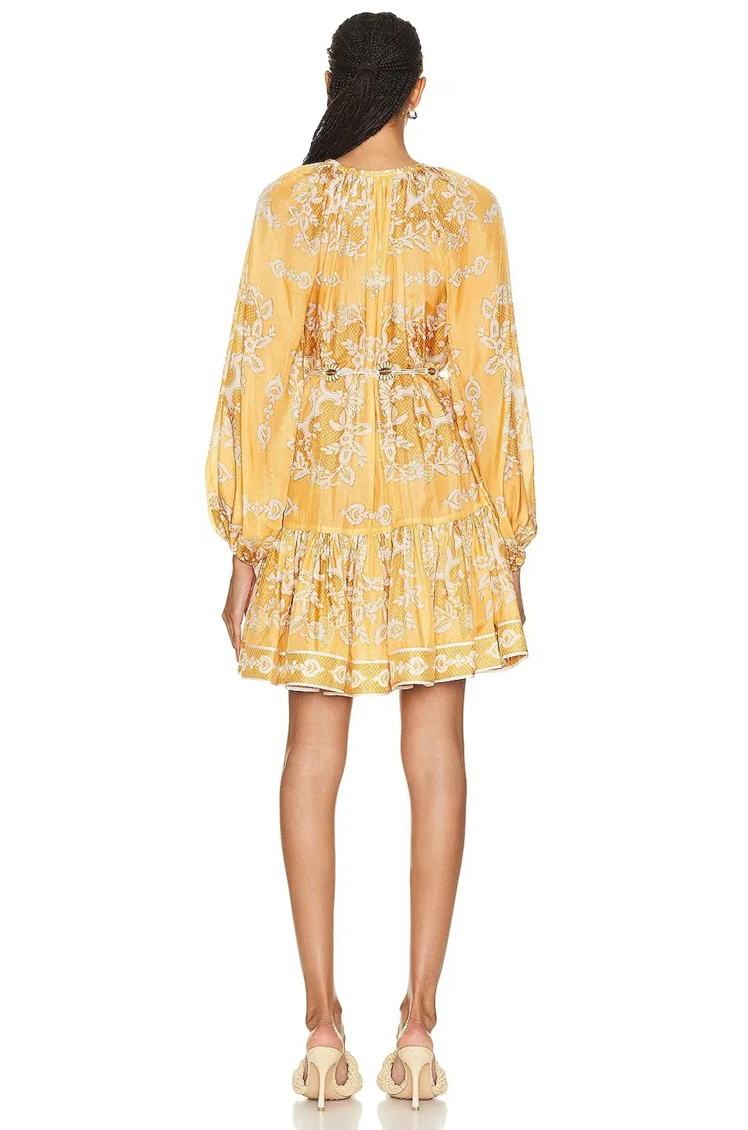 Zimmermann Raie Tiered Billow Mini Dress Gold Damask Size 0/Au 8 for rent on The Volte - main image