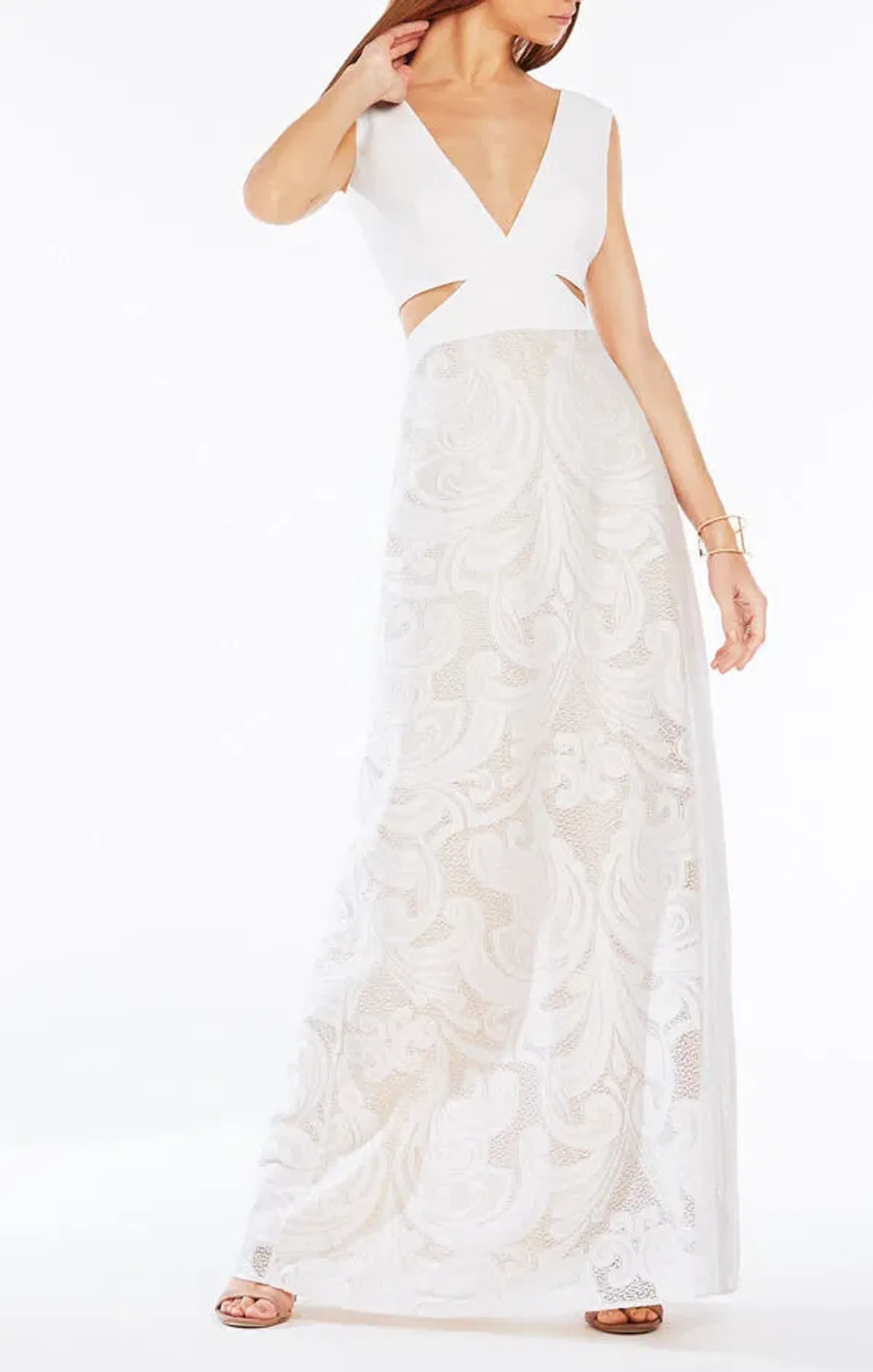 BCBGMAXAZRIA Marilyne Swirl Lace Cutout Formal Dress White Size 4 - Image 2