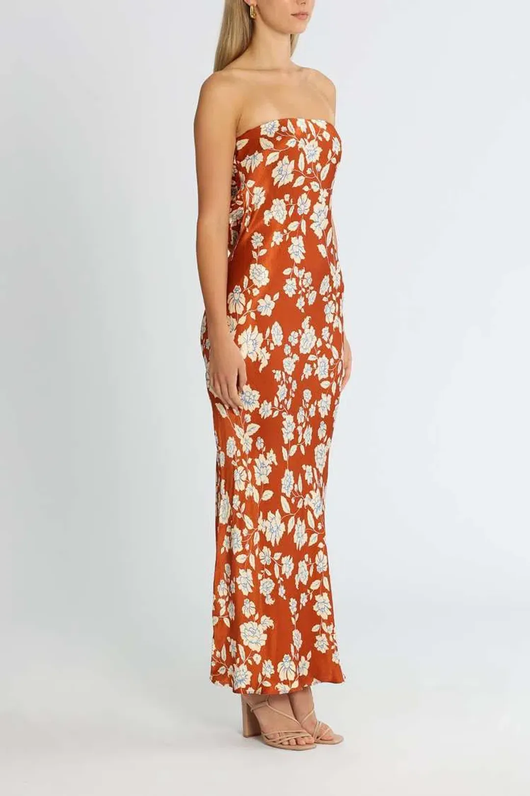 Bec & Bridge Blossom Strapless Maxi Dress Rust Print Size 12 for rent on The Volte - main image