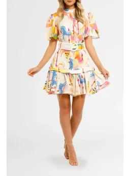 Leo & Lin Carousel Linen Shirt Dress Rainbow Carousel Multi Print Size AU 12 for rent on The Volte - image 1