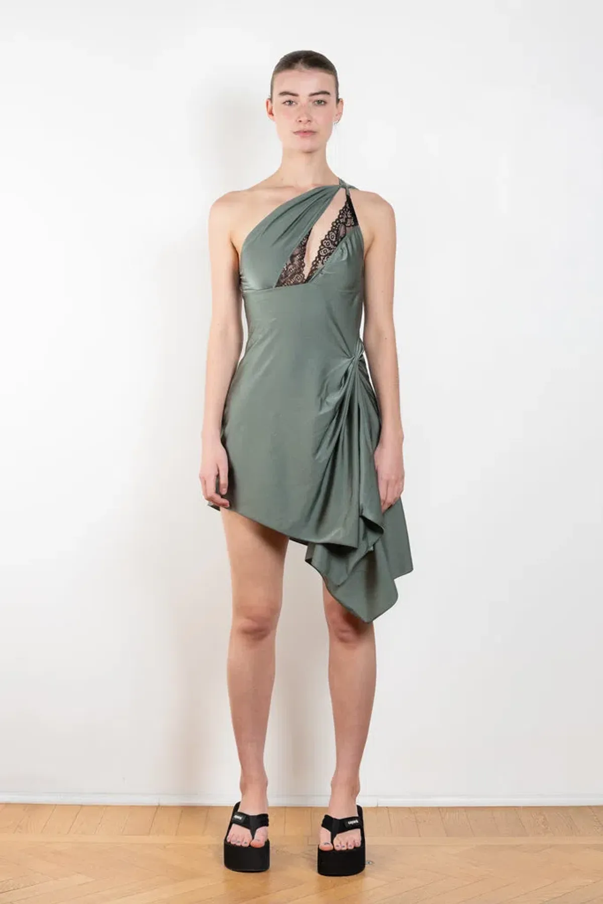 Coperni Lace-Trim Asymmetric Mini Dress Green Size 8 - Image 1