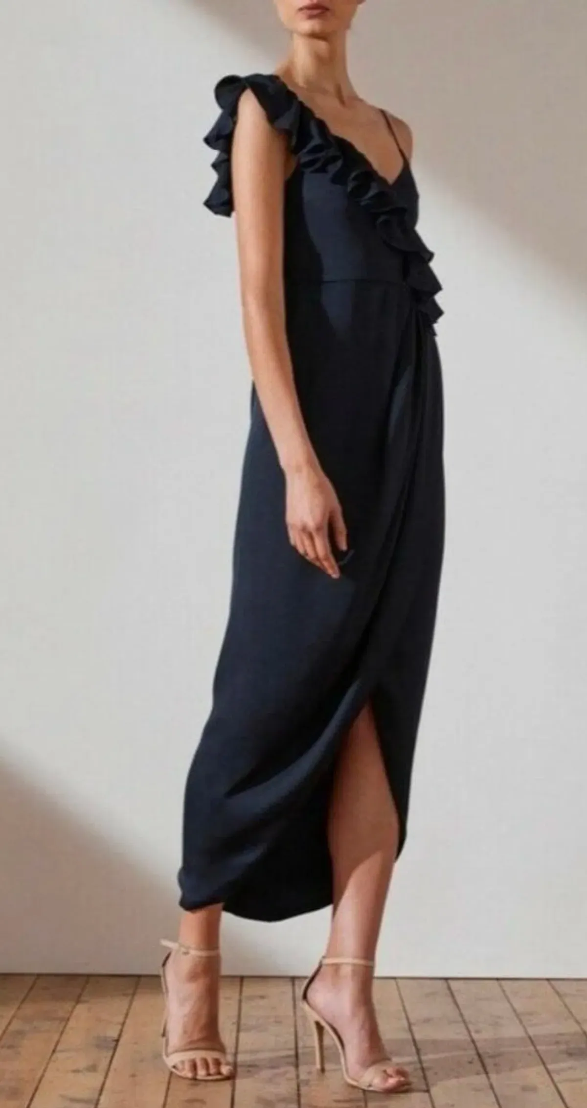 Shona Joy Luxe Asymmetrical Frill Dress Navy Size 6 - Image 2