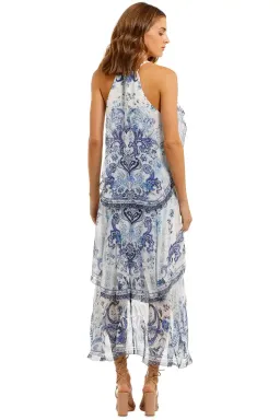 Camilla V-Neck Fitted Dress With Ruffles in Blue Size 10 for rent on The Volte - image 3