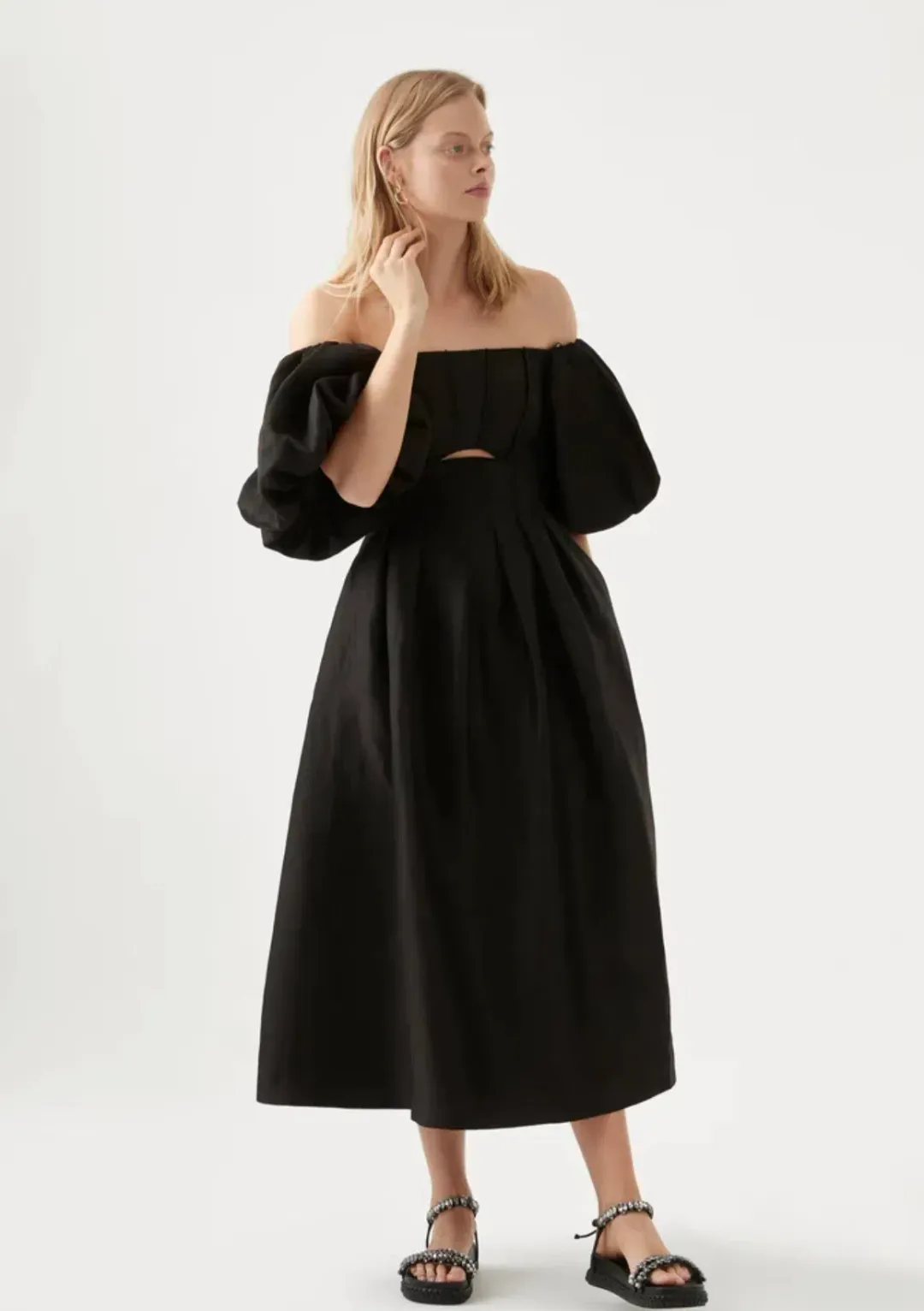 Aje Eugenie Off Shoulder Midi Dress Black Size 8 for rent on The Volte - main image