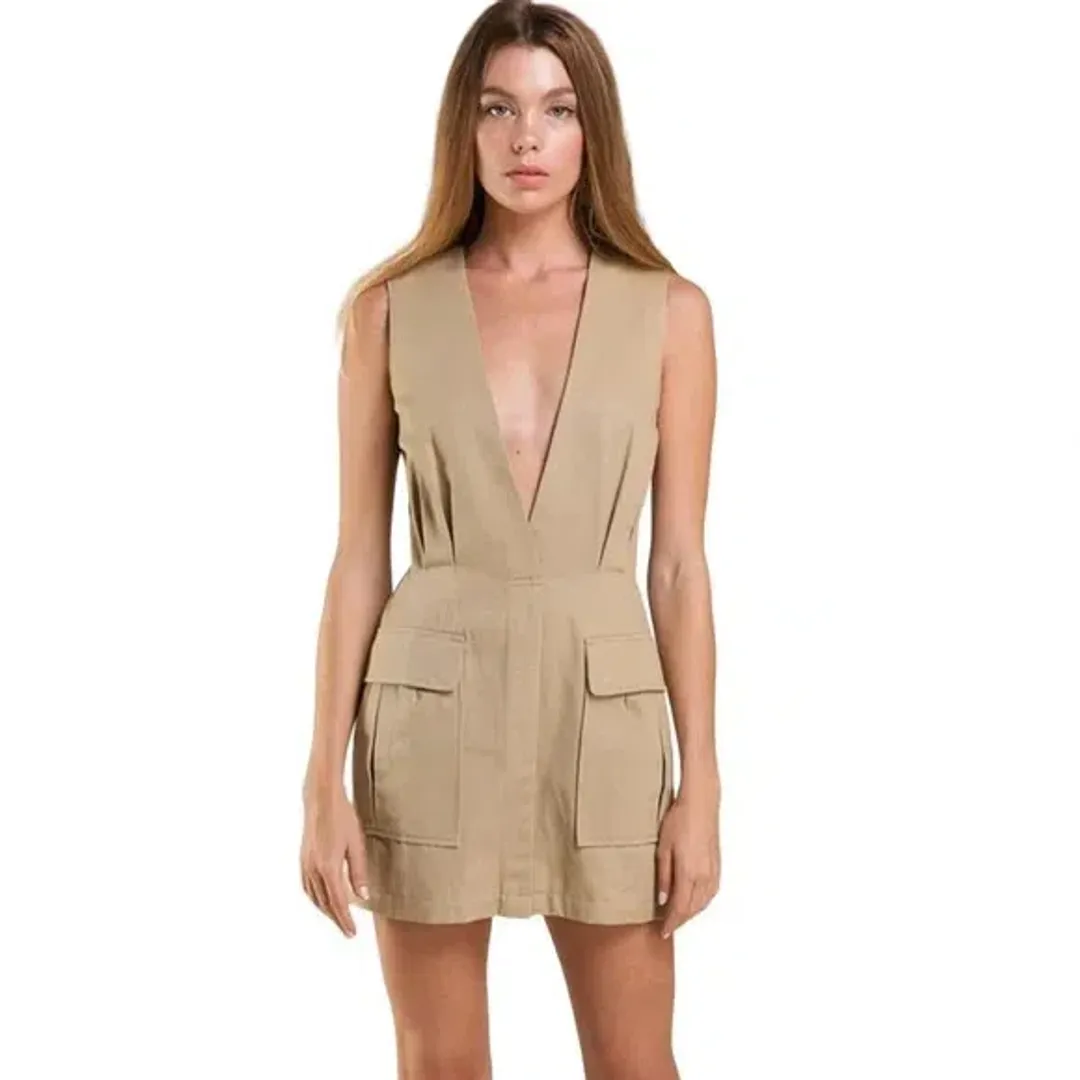 House of CB London Deep V Neck Mini Dress Safari Size 6 for rent on The Volte - main image