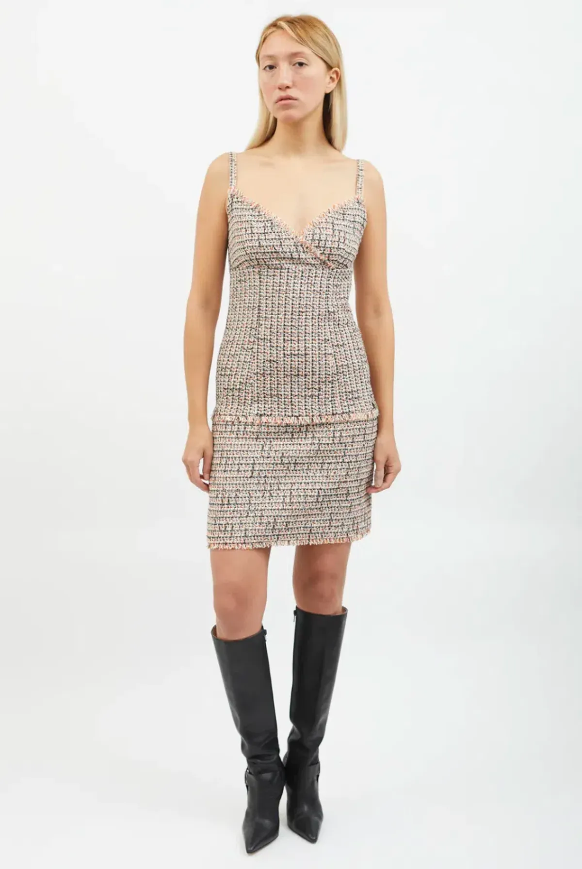 Chanel Tweed Frayed Edge Mini Dress Orange & Black Size M / AU 10 - Image 1
