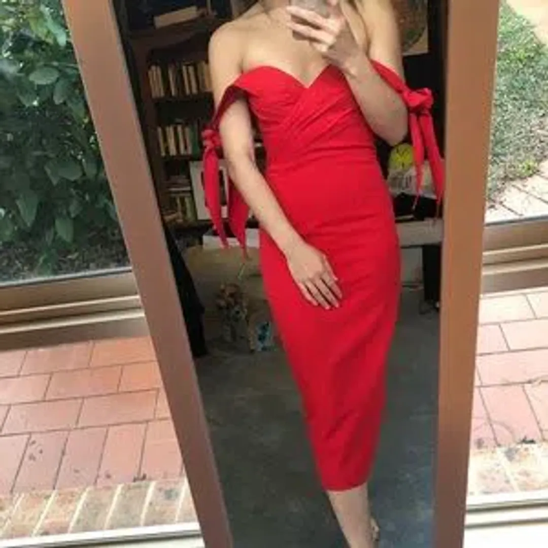Elle Zeitoune Off The Shoulder Midi Dress Red Size 10 for rent on The Volte - main image