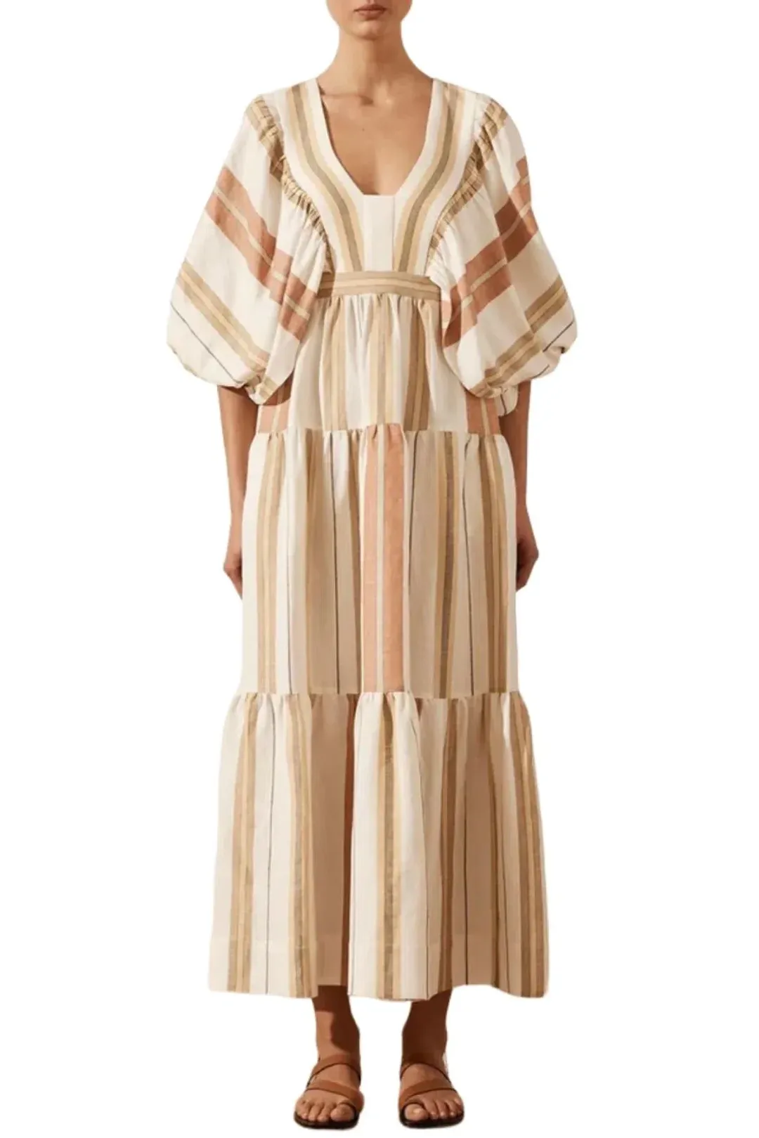 Shona Joy Suzana Midi Dress Beige Striped Size 10 for rent on The Volte - main image