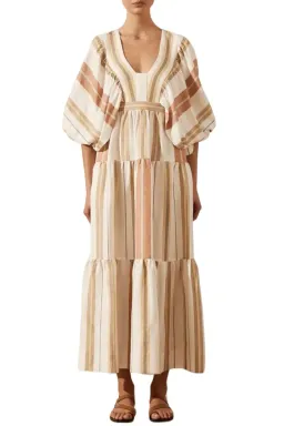 Shona Joy Suzana Midi Dress Beige Striped Size 10 for rent on The Volte - image 1