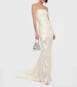 Rotate Birger Christensen Embroidered Strapless Midi Dress Cream Size 6 for rent on The Volte - image 1