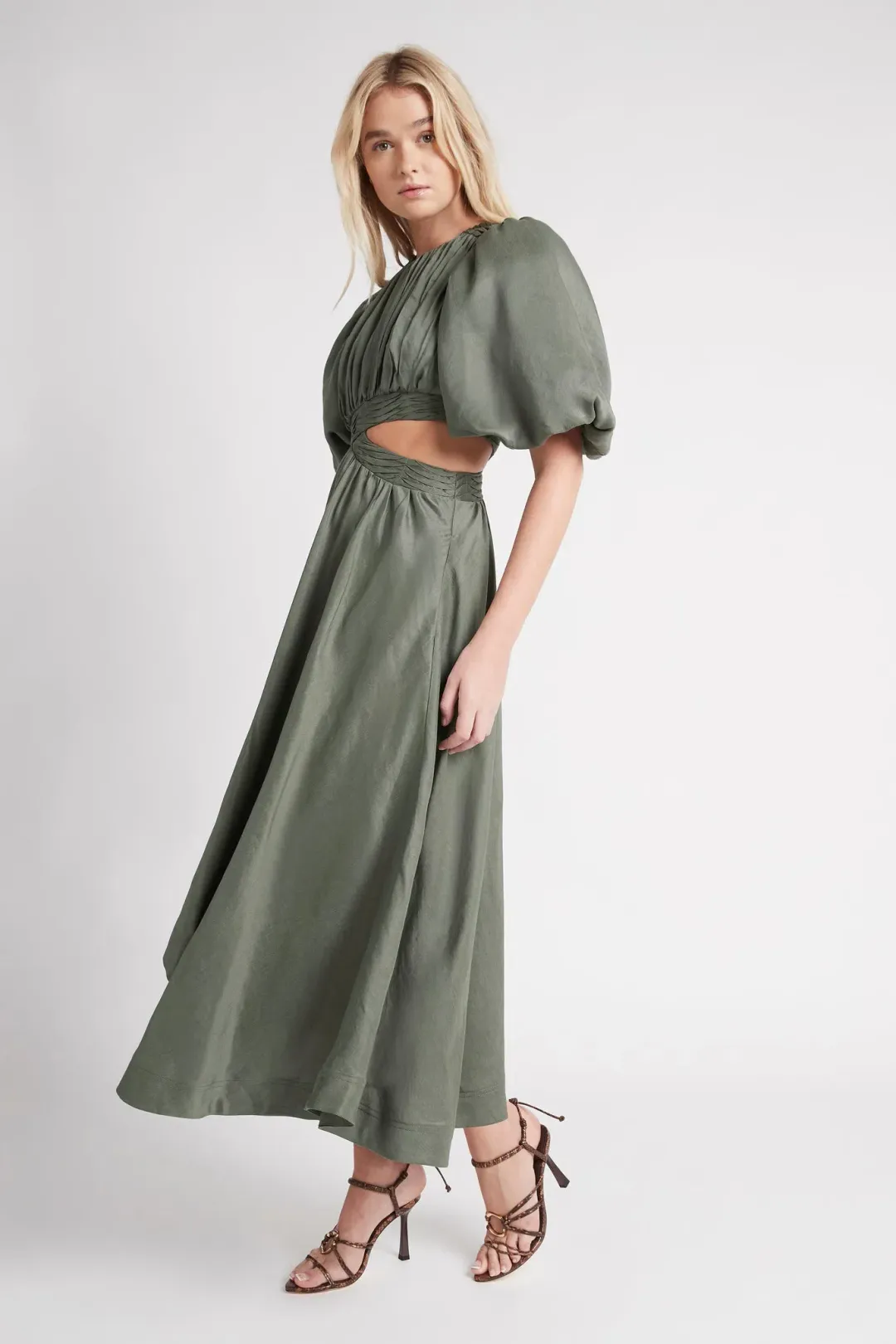 Aje Tidal Tucked Cut Out Midi Dress Oakmoss Size 14 for rent on The Volte - main image