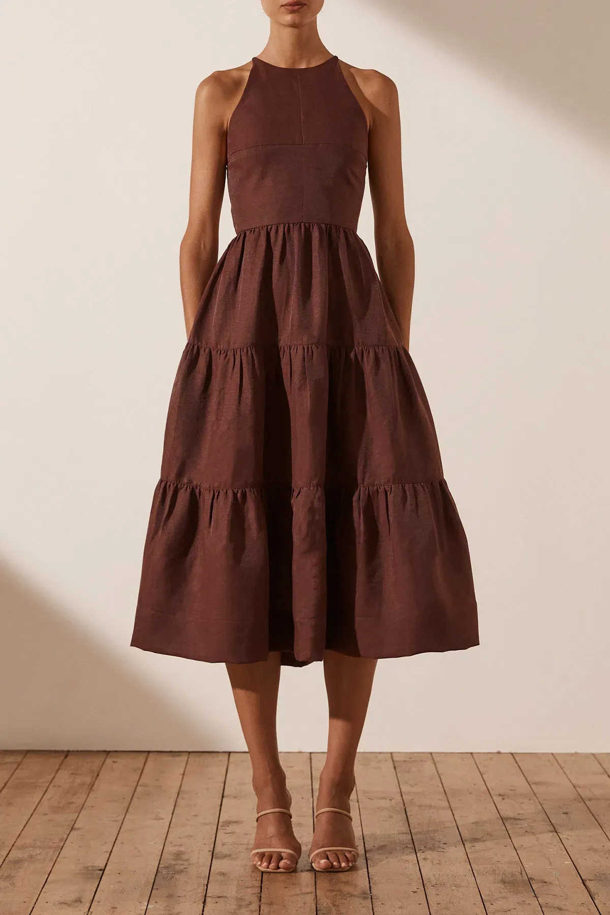 Shona Joy Marlene Open Back Tiered Midi Dress in Chocolate Size 6 - Image 2
