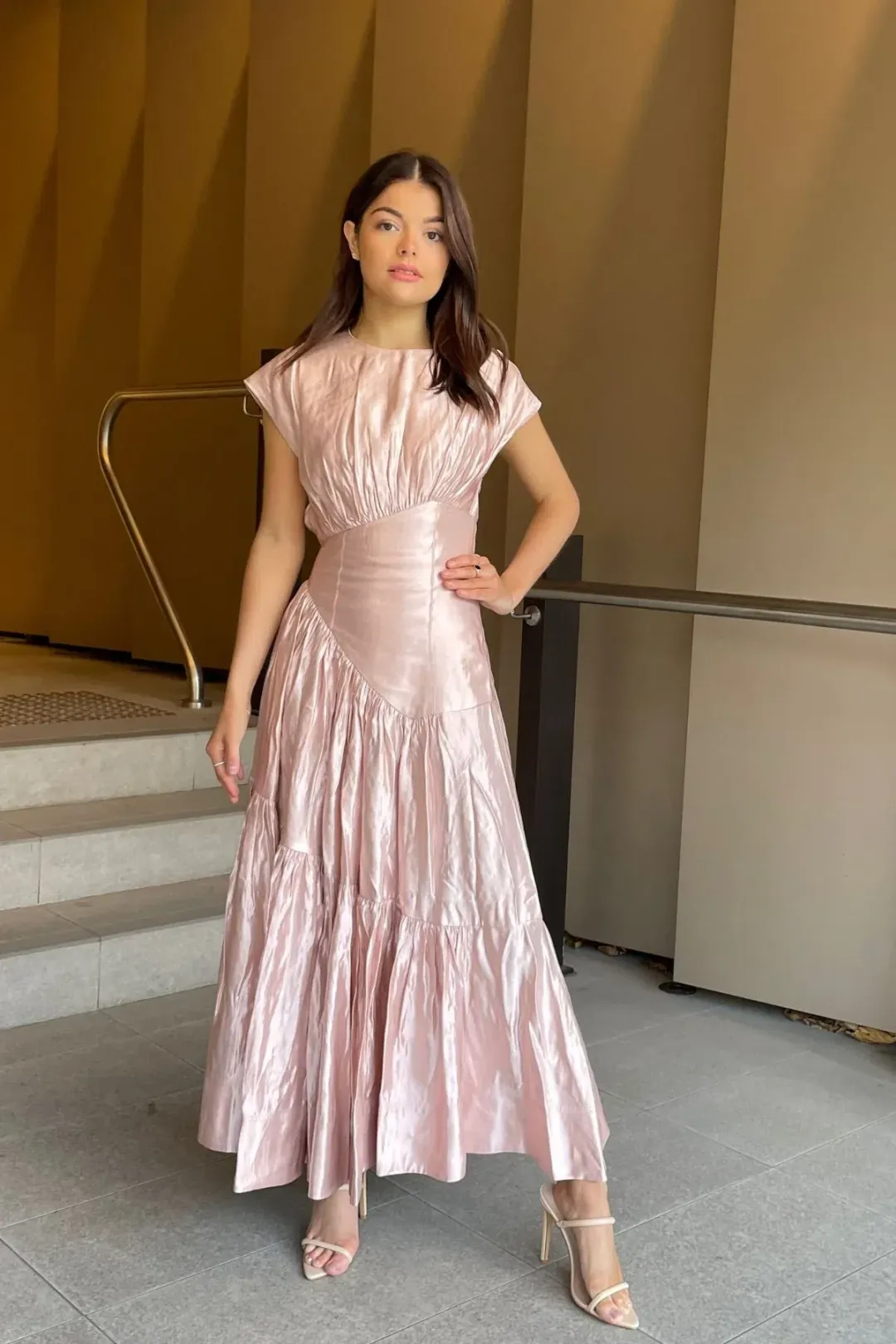 Aje Serendipity Reflection Midi Dress Metallic Pink Size 4 for rent on The Volte - main image