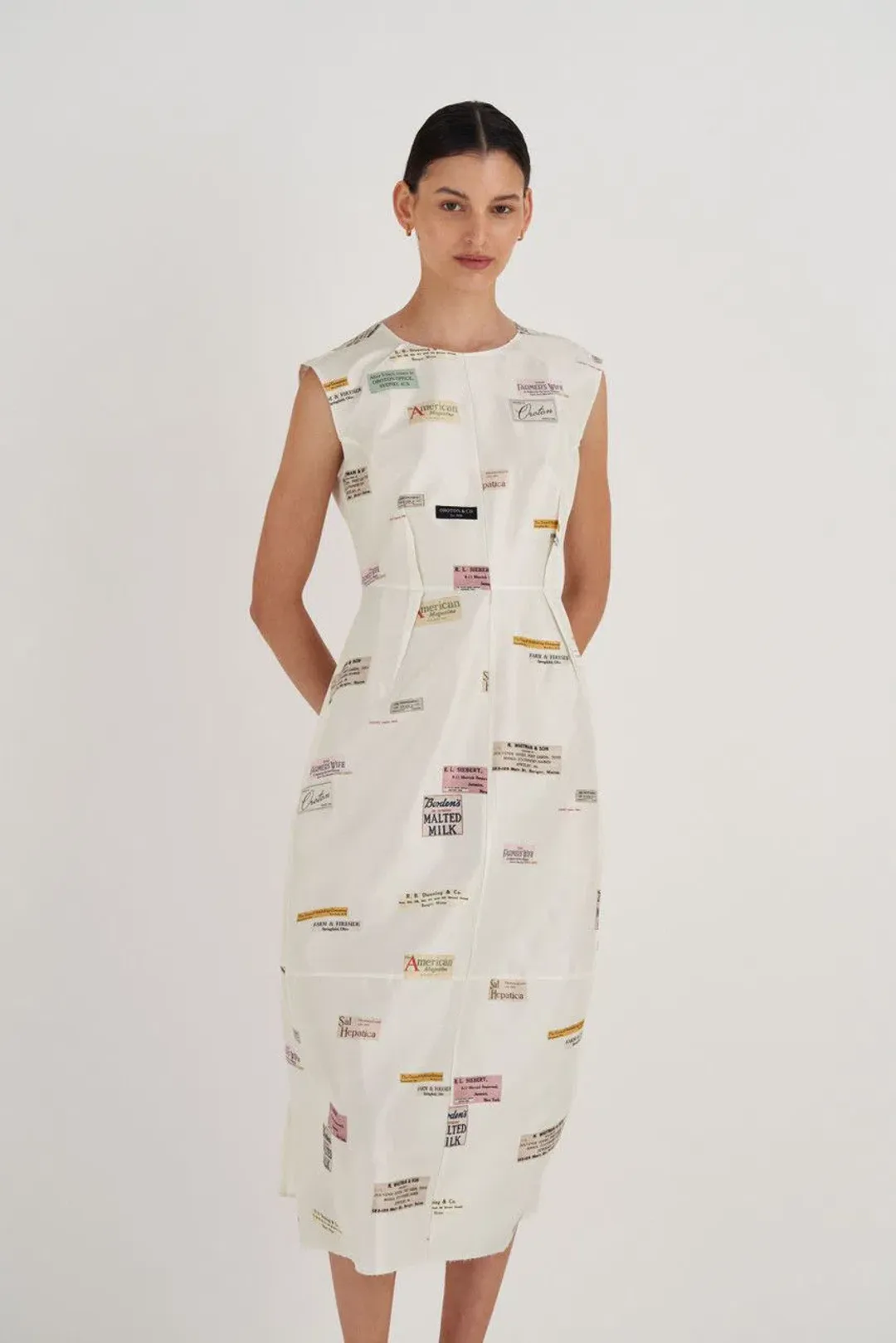 Oroton Structured Spaced Label Midi Dress Soft Cream Print Size 6 for rent on The Volte - main image