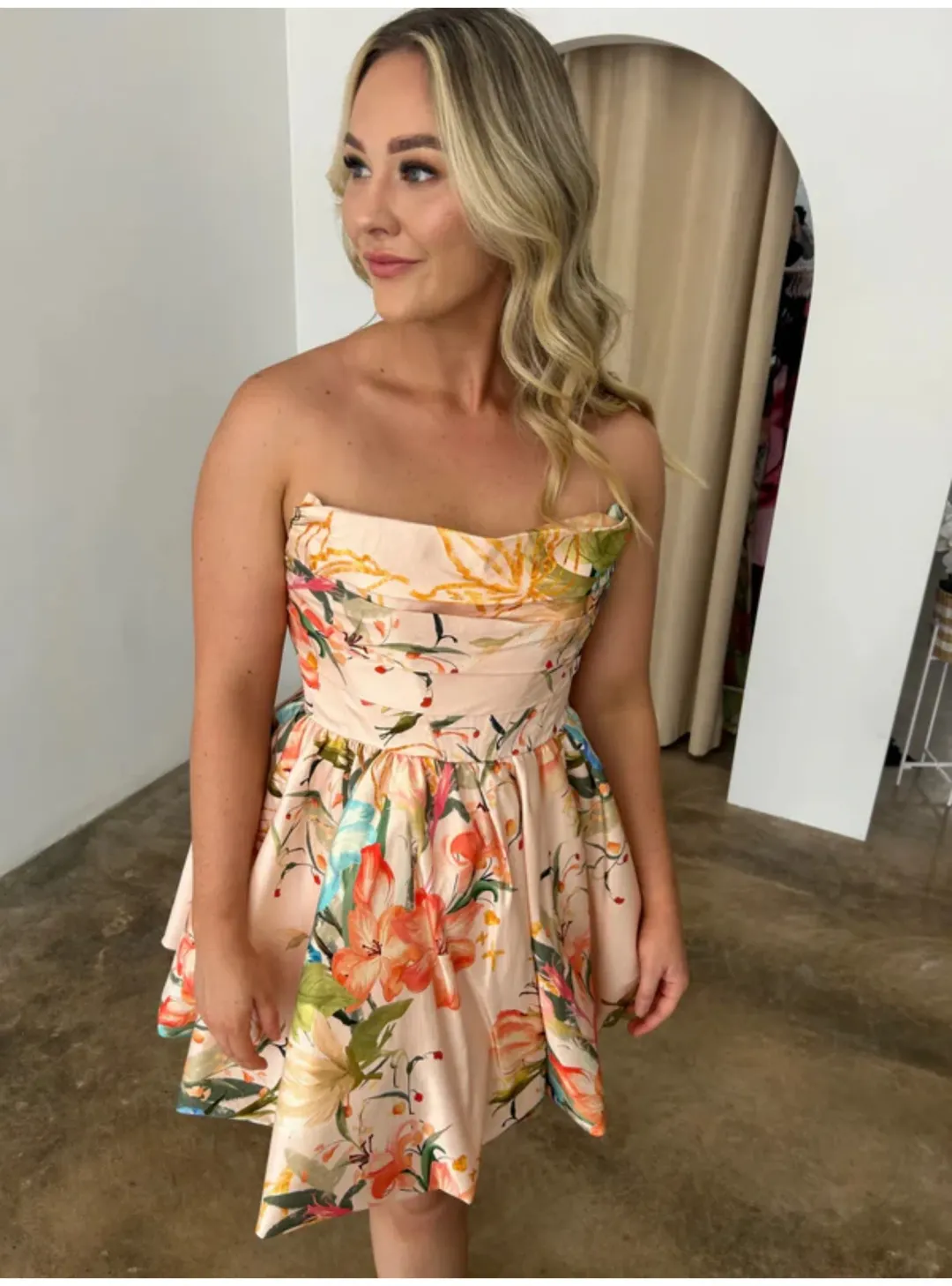 Leo Lin Katy Bustier Mini Dress Opulent Print in Blush Size AU 12 for rent on The Volte - main image