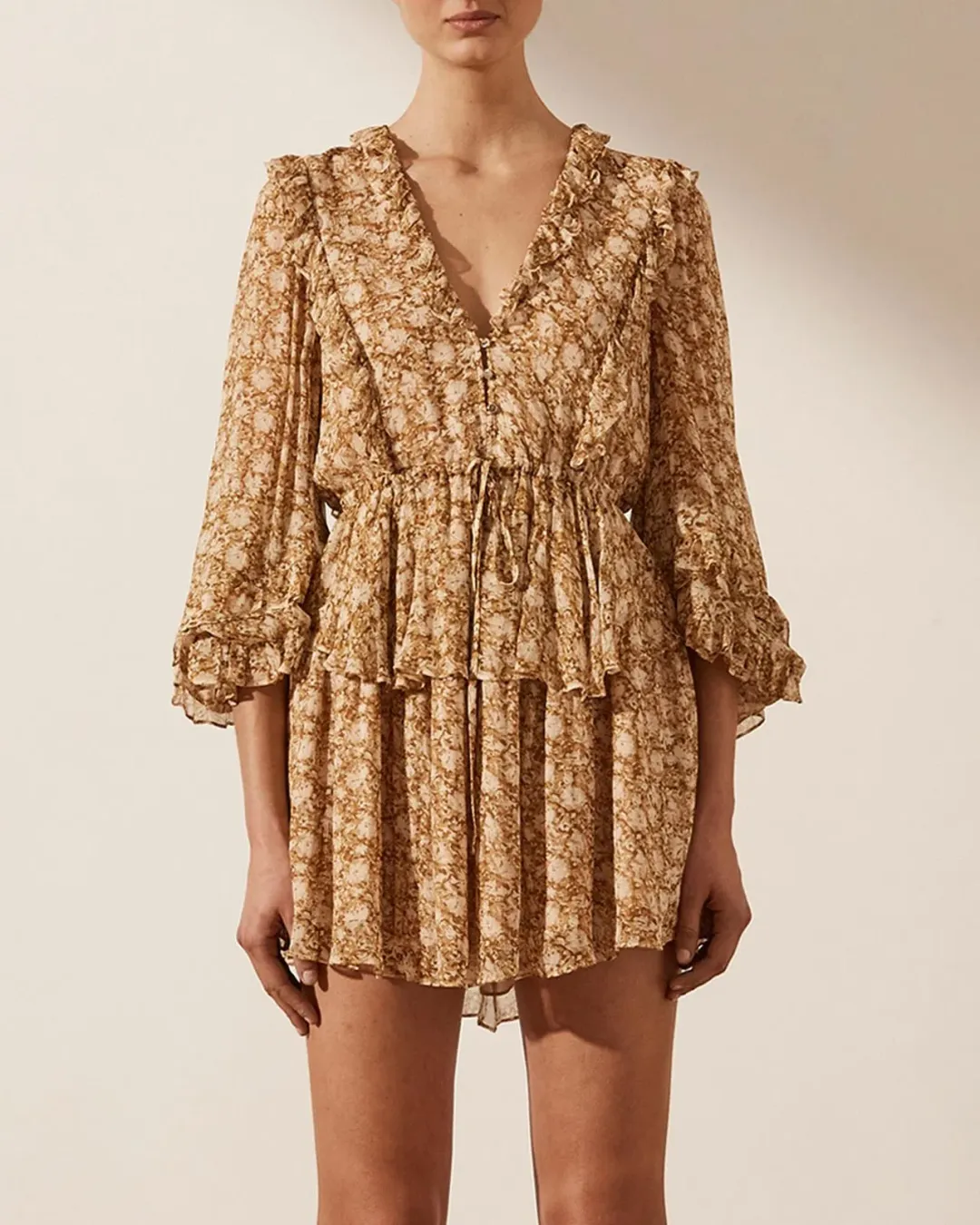 Shona Joy Julia Balloon Sleeve Drawstring Mini Dress Floral Size AU 10 for rent on The Volte - main image