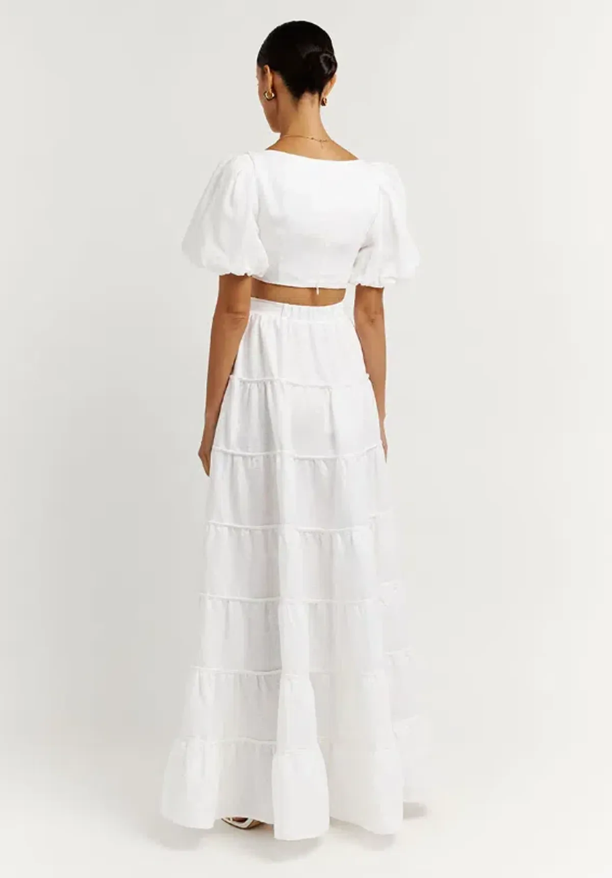 DISSH Aisle Linen Tier Long Skirt and Vienna Linen Curved Crop Top Set White Size 6 AU - Image 3