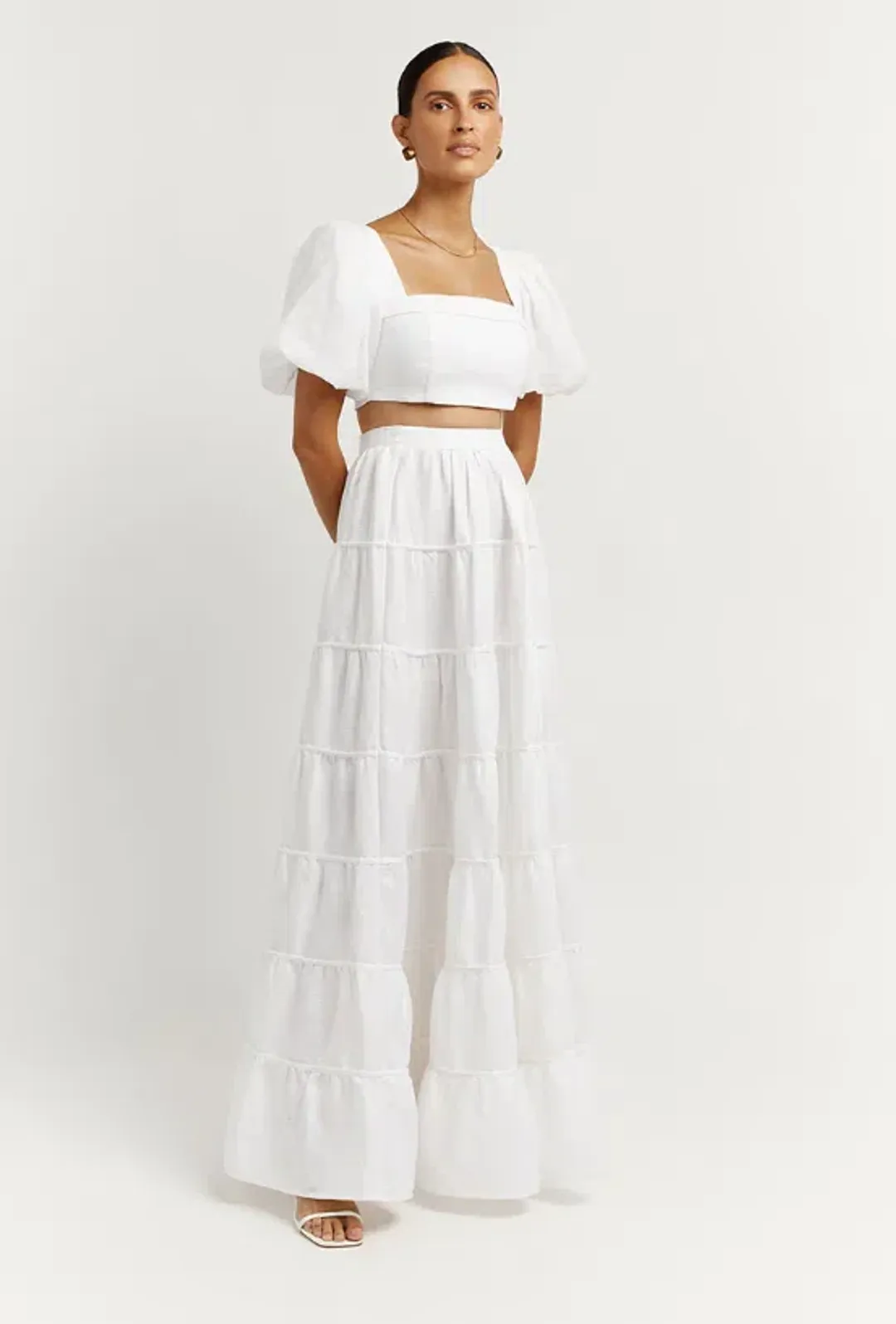DISSH Aisle Linen Tier Long Skirt and Vienna Linen Curved Crop Top Set White Size 6 AU for rent on The Volte - main image