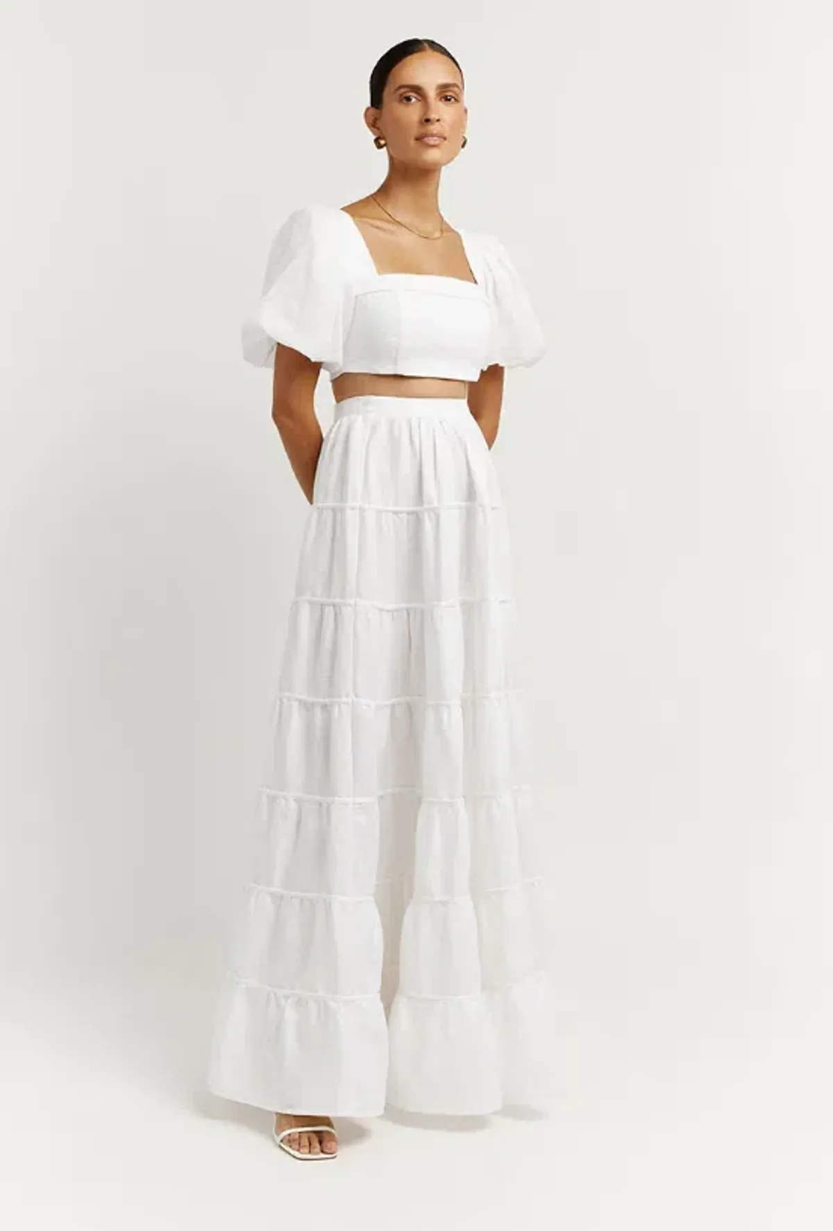 DISSH Aisle Linen Tier Long Skirt and Vienna Linen Curved Crop Top Set White Size 6 AU - Image 2