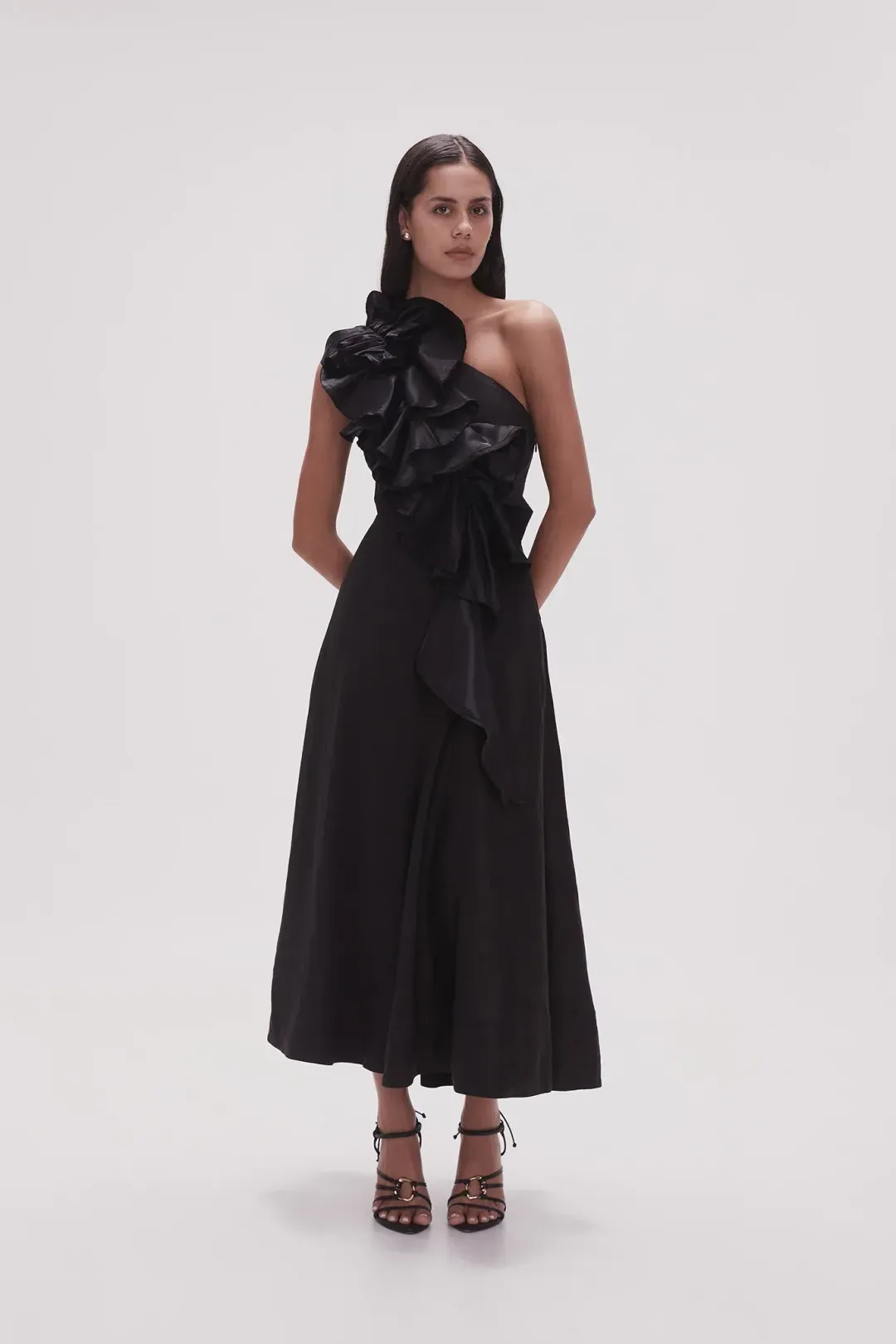 Aje Adelia Ruffle Midi Dress Black Size 12 for rent on The Volte - main image