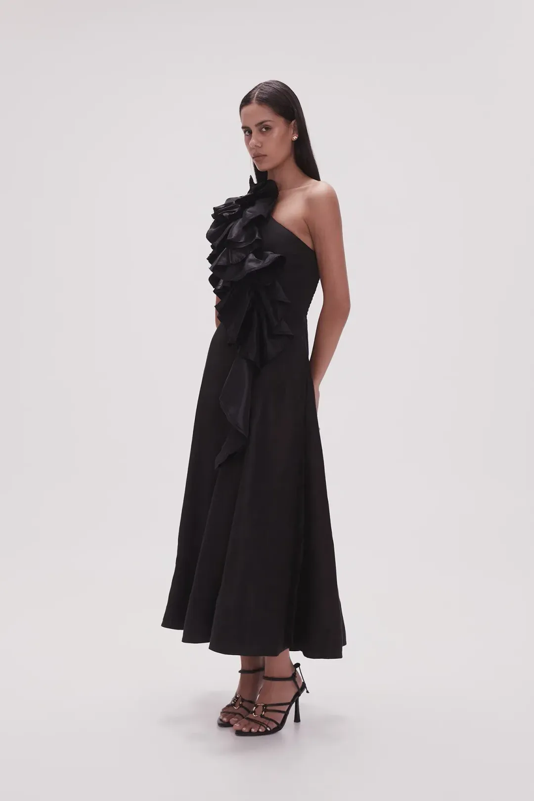 Aje Adelia Ruffle Midi Dress Black Size 12 for rent on The Volte - main image