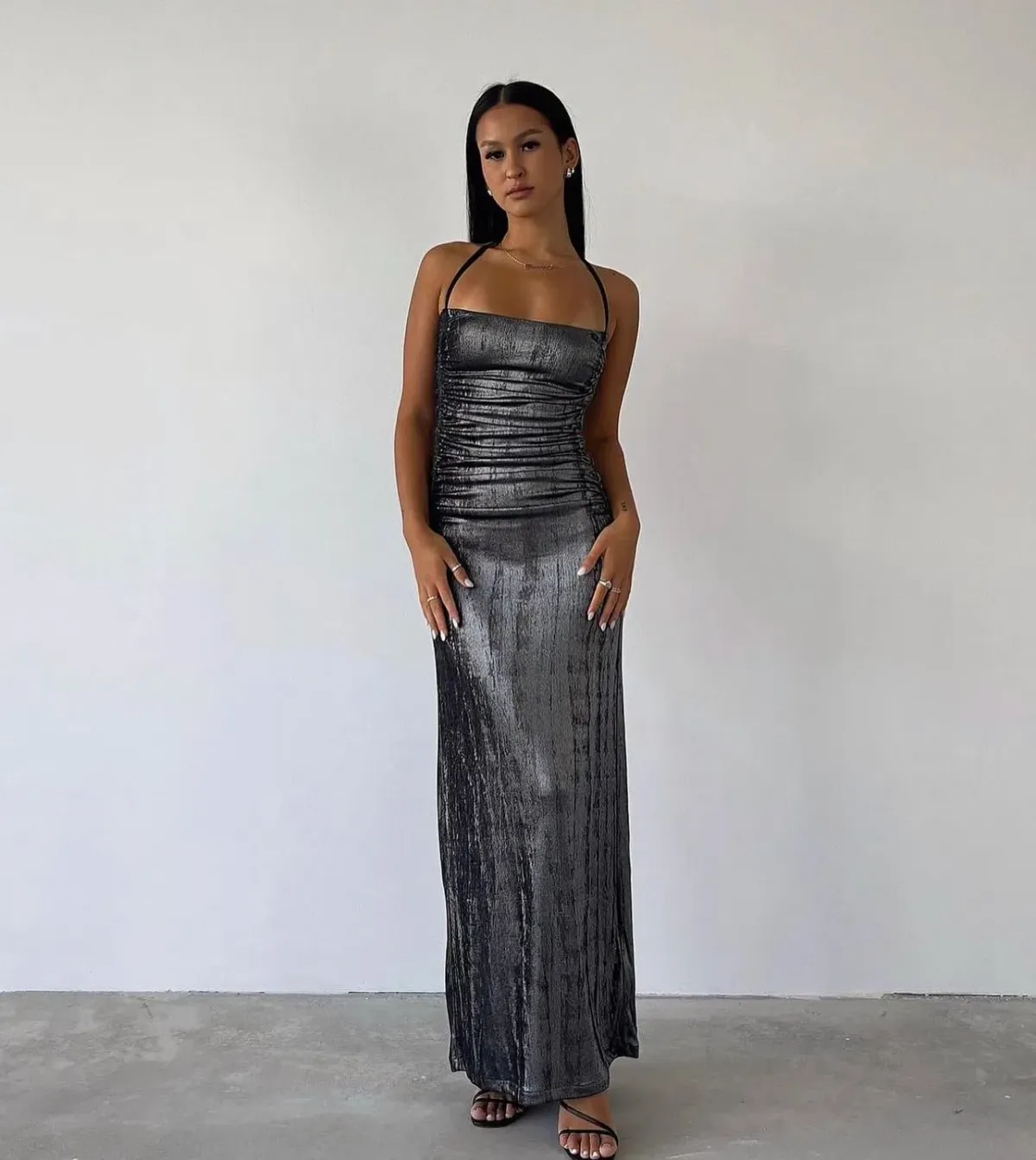 Diesel Metallic Ruched Halterneck Gown Gunmetal Grey Silver Size 6 - Image 1