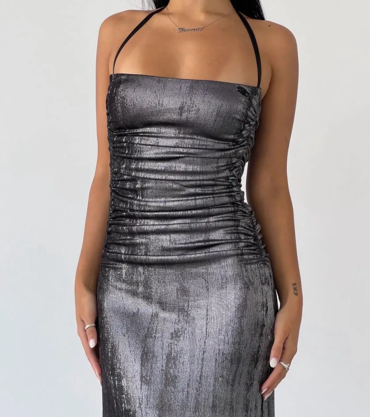 Diesel Metallic Ruched Halterneck Gown Gunmetal Grey Silver Size 6 - Image 2